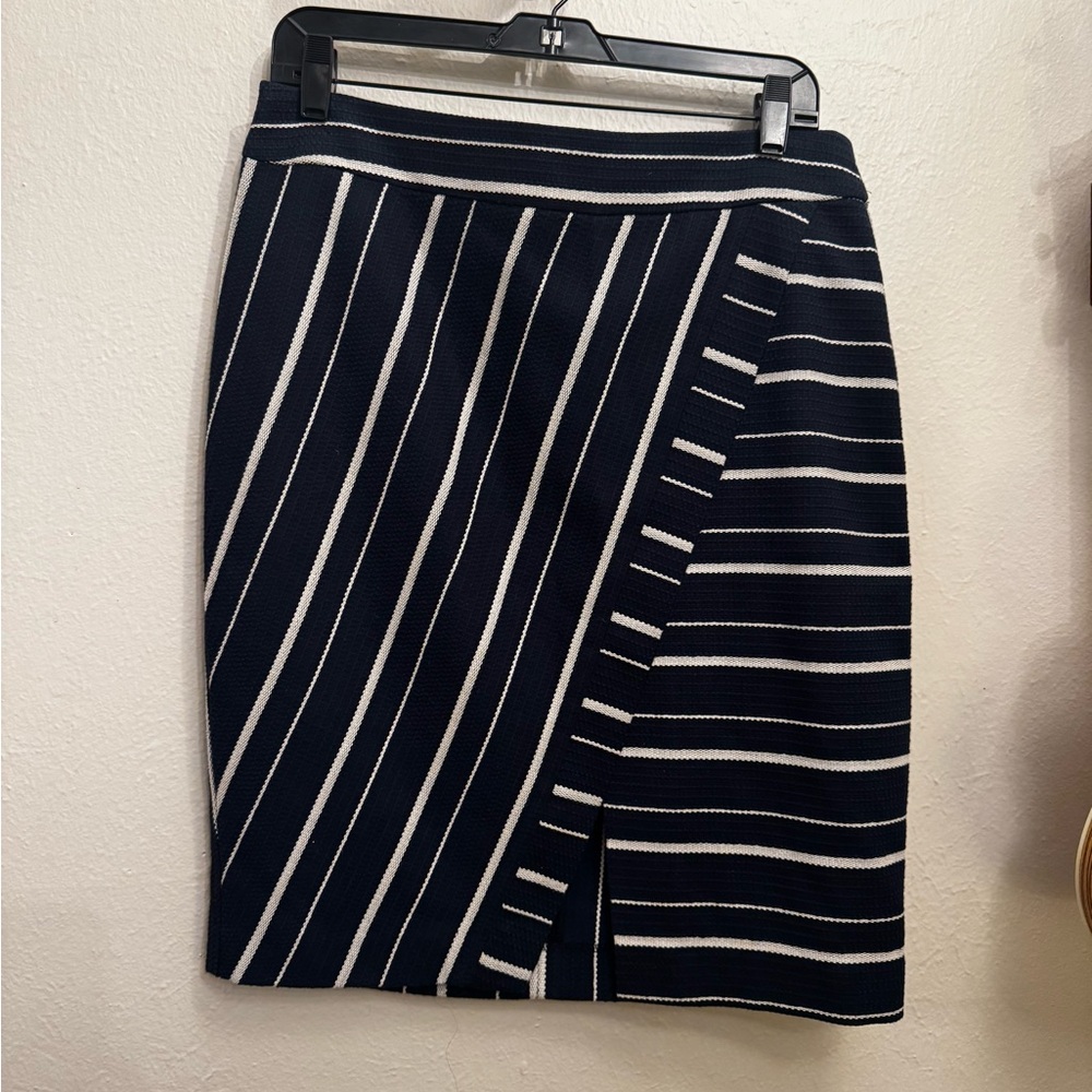 LOFT Navy and Cream Striped Pencil Skirt
